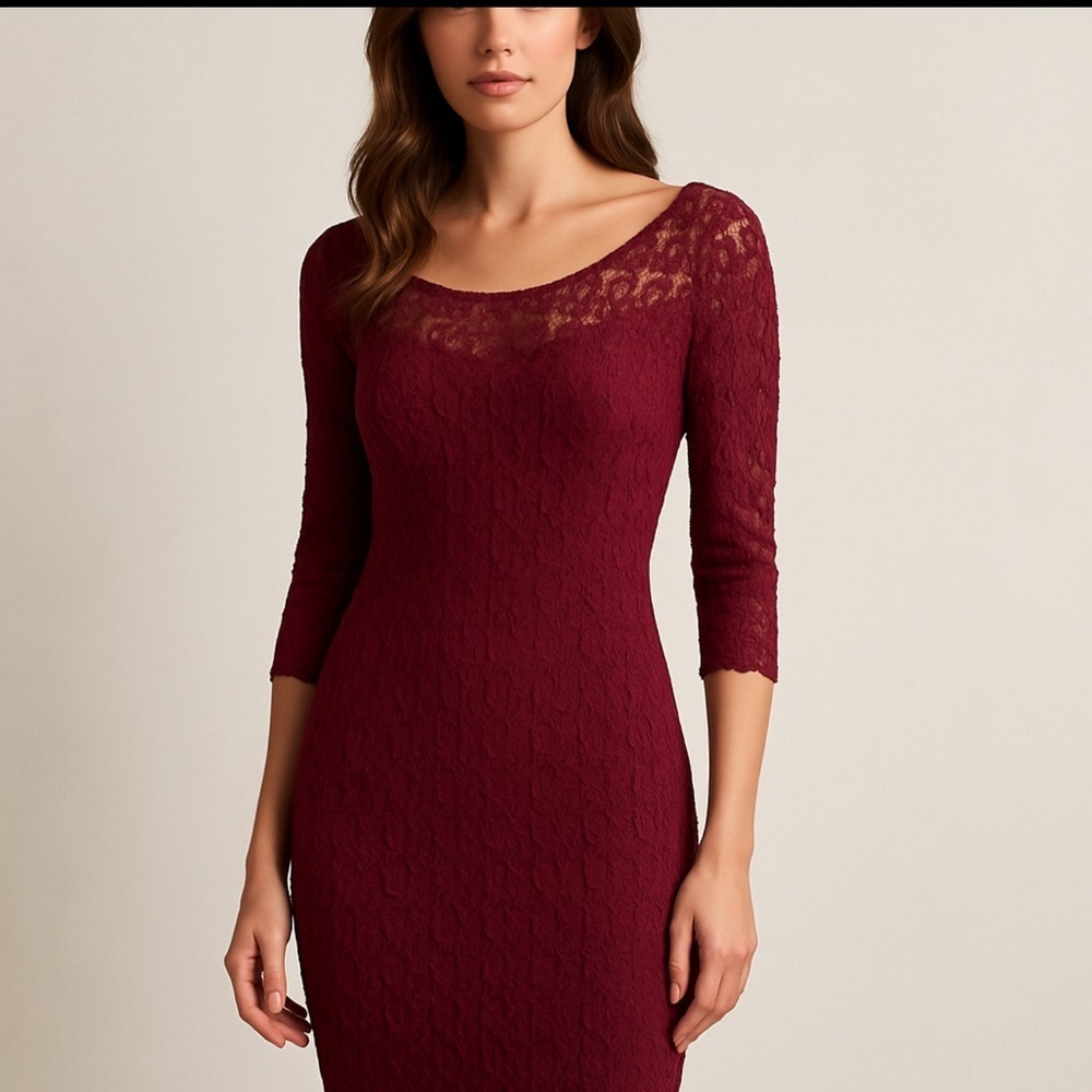 Le Chateau Deep Red Dress,  Metallic Lace Overlay, size S